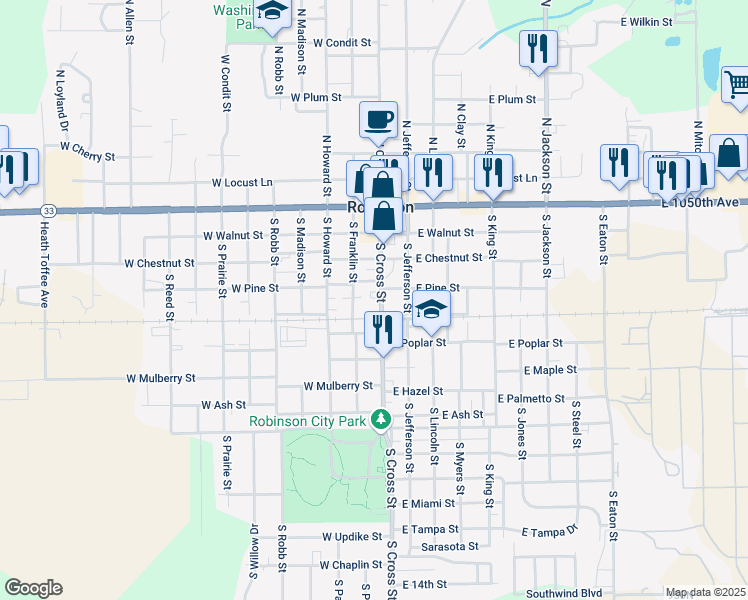 map of restaurants, bars, coffee shops, grocery stores, and more near 401 South Cross Street in Robinson