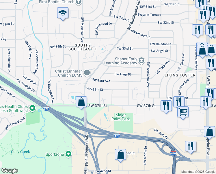 map of restaurants, bars, coffee shops, grocery stores, and more near 2025 Southwest Tara Avenue in Topeka