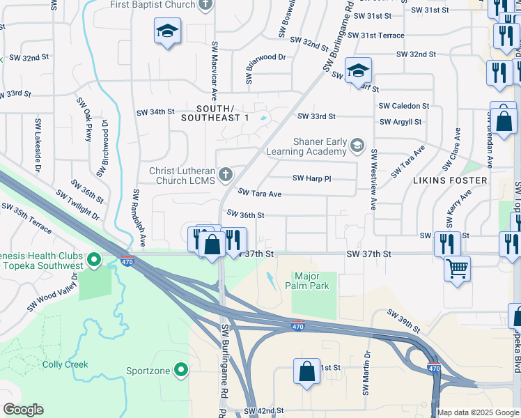map of restaurants, bars, coffee shops, grocery stores, and more near 2025 Southwest Tara Avenue in Topeka