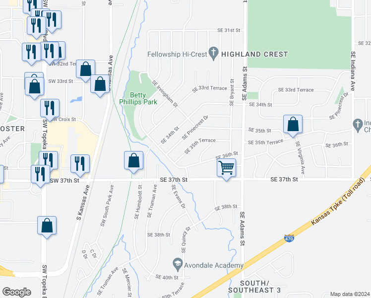 map of restaurants, bars, coffee shops, grocery stores, and more near 238 Southeast 35th Terrace in Topeka