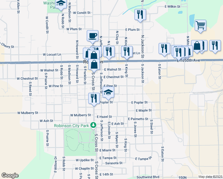 map of restaurants, bars, coffee shops, grocery stores, and more near 400-498 South Webster Street in Robinson