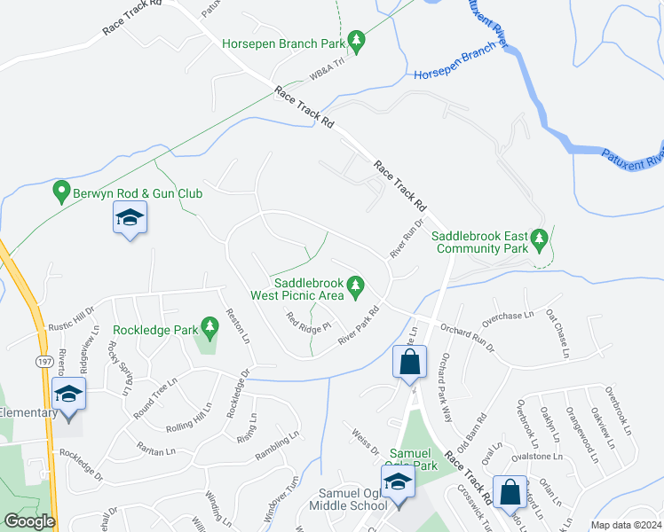 map of restaurants, bars, coffee shops, grocery stores, and more near 15103 Roving Wood Drive in Bowie