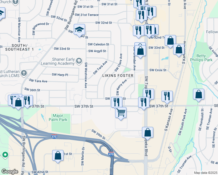 map of restaurants, bars, coffee shops, grocery stores, and more near 3581 Southwest Kirklawn Avenue in Topeka