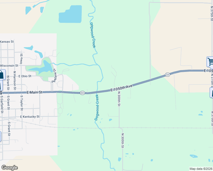 map of restaurants, bars, coffee shops, grocery stores, and more near 2758-2968 East 1050th Avenue in Oblong