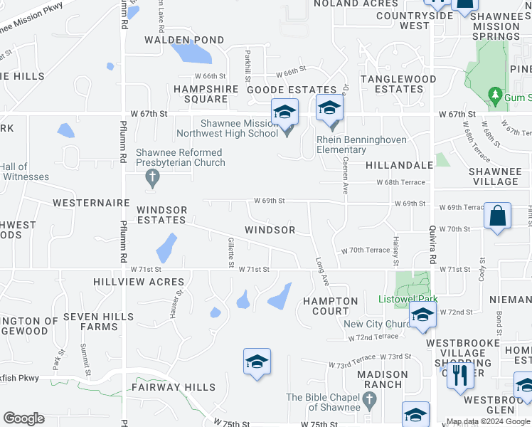 map of restaurants, bars, coffee shops, grocery stores, and more near 6908 Parkhill Court in Shawnee