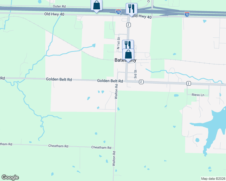 map of restaurants, bars, coffee shops, grocery stores, and more near 401 South 1st Street in Bates City