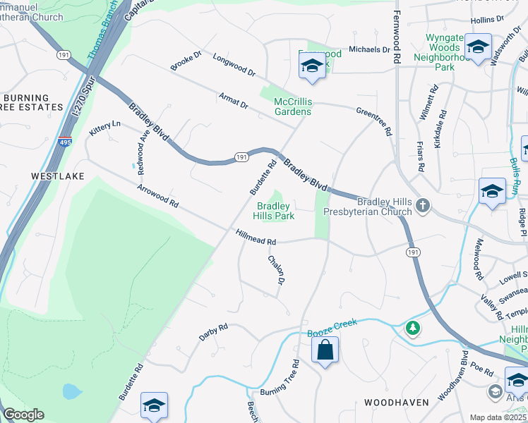 map of restaurants, bars, coffee shops, grocery stores, and more near 8911 Burdette Road in Bethesda