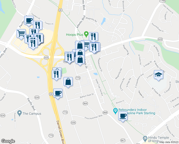 map of restaurants, bars, coffee shops, grocery stores, and more near 45453 Bluemont Junction Square in Sterling