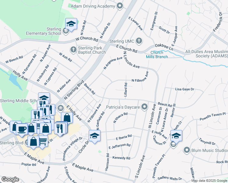 map of restaurants, bars, coffee shops, grocery stores, and more near 316 Hanford Court in Sterling