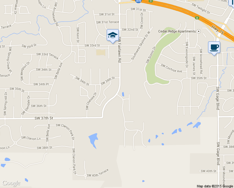 map of restaurants, bars, coffee shops, grocery stores, and more near 3540 Southwest Fairlawn Road in Topeka