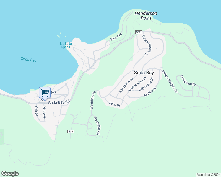 map of restaurants, bars, coffee shops, grocery stores, and more near Westridge Drive in Soda Bay
