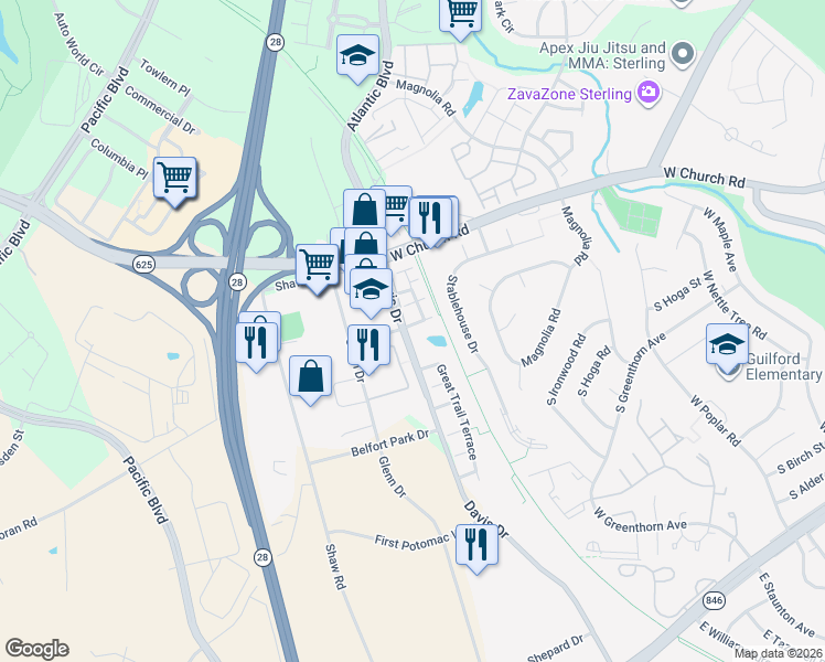 map of restaurants, bars, coffee shops, grocery stores, and more near 45457 Bluemont Junction Square in Sterling