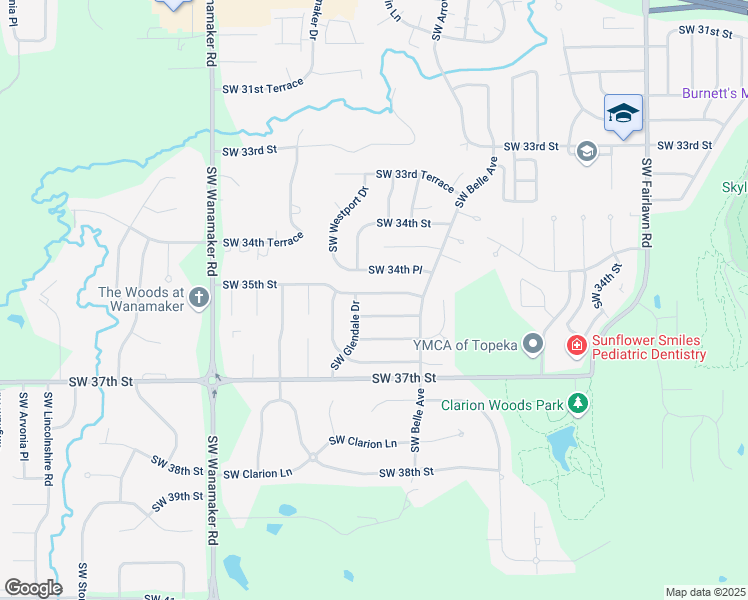 map of restaurants, bars, coffee shops, grocery stores, and more near 5649 Southwest 35th Street in Topeka
