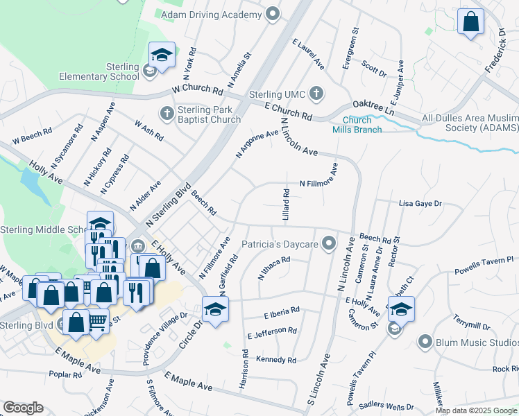 map of restaurants, bars, coffee shops, grocery stores, and more near 316 Hanford Court in Sterling