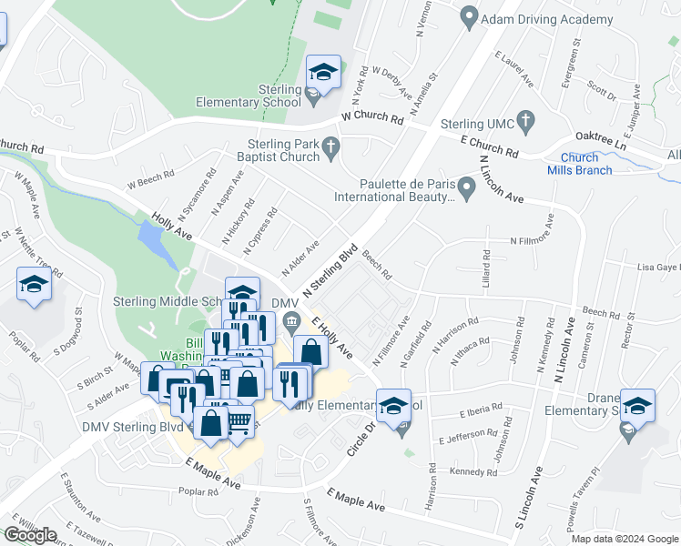 map of restaurants, bars, coffee shops, grocery stores, and more near 206 North Sterling Boulevard in Sterling