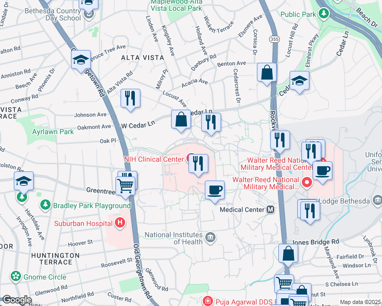 map of restaurants, bars, coffee shops, grocery stores, and more near 10 Center Drive in Bethesda