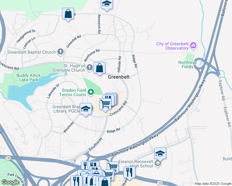map of restaurants, bars, coffee shops, grocery stores, and more near 53 Crescent Road in Greenbelt