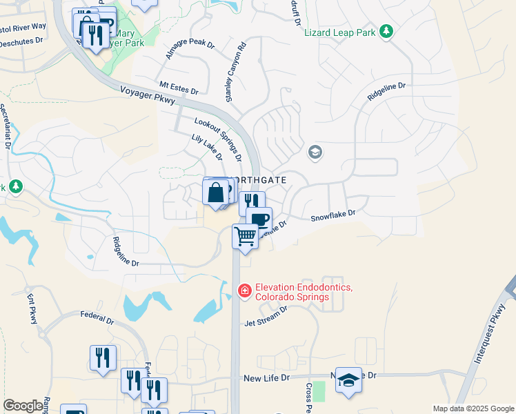 map of restaurants, bars, coffee shops, grocery stores, and more near 1617 Rustlers Roost Drive in Colorado Springs