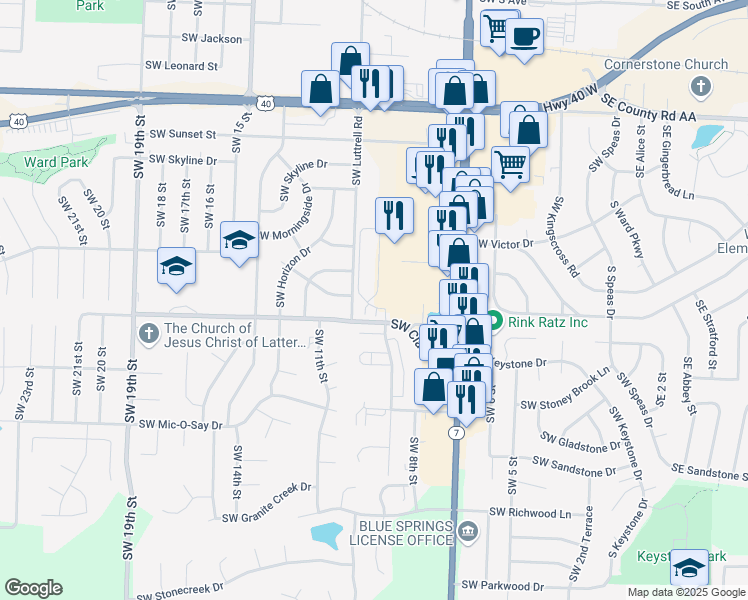 map of restaurants, bars, coffee shops, grocery stores, and more near 925 Southwest Clark Road in Blue Springs