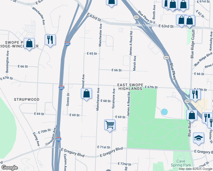map of restaurants, bars, coffee shops, grocery stores, and more near 7806 East 67th Street in Kansas City