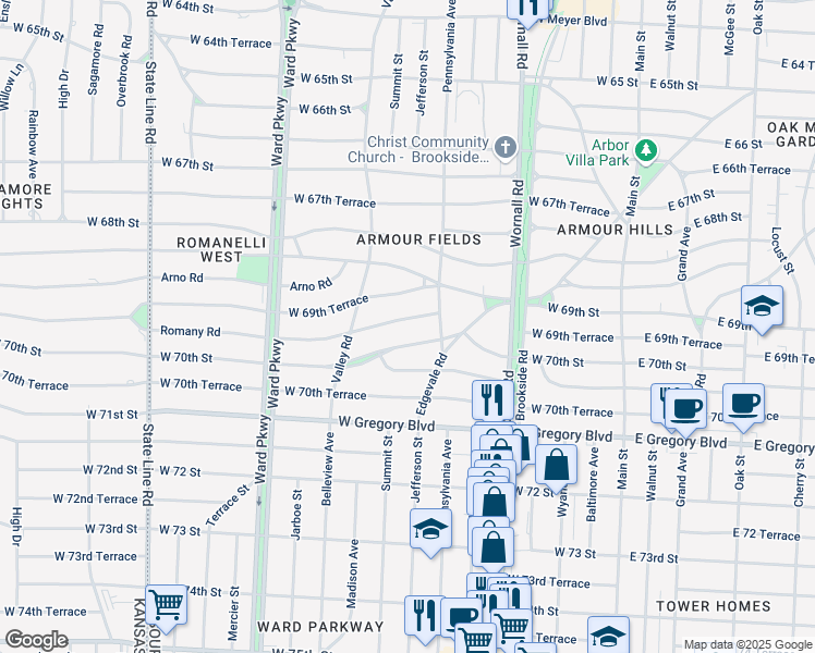 map of restaurants, bars, coffee shops, grocery stores, and more near 615 Romany Road in Kansas City