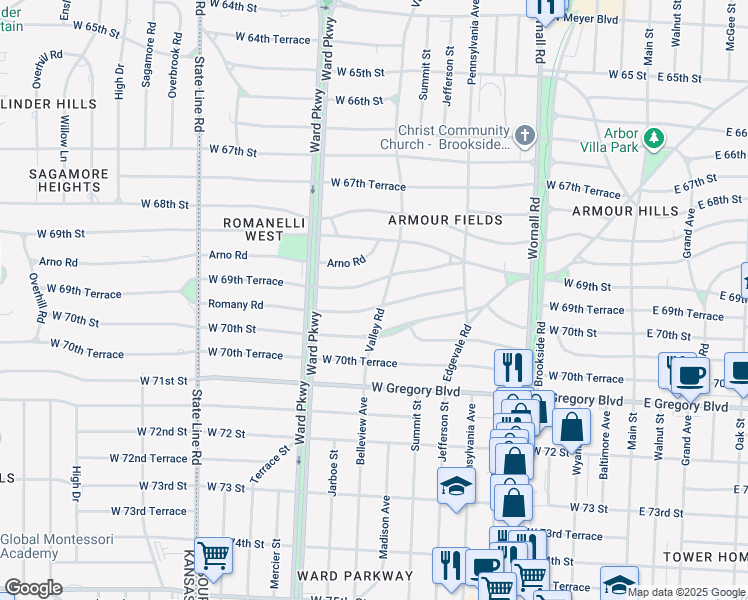map of restaurants, bars, coffee shops, grocery stores, and more near 811 West 69th Terrace in Kansas City