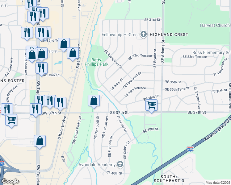map of restaurants, bars, coffee shops, grocery stores, and more near 3450 Southeast Girard Street in Topeka