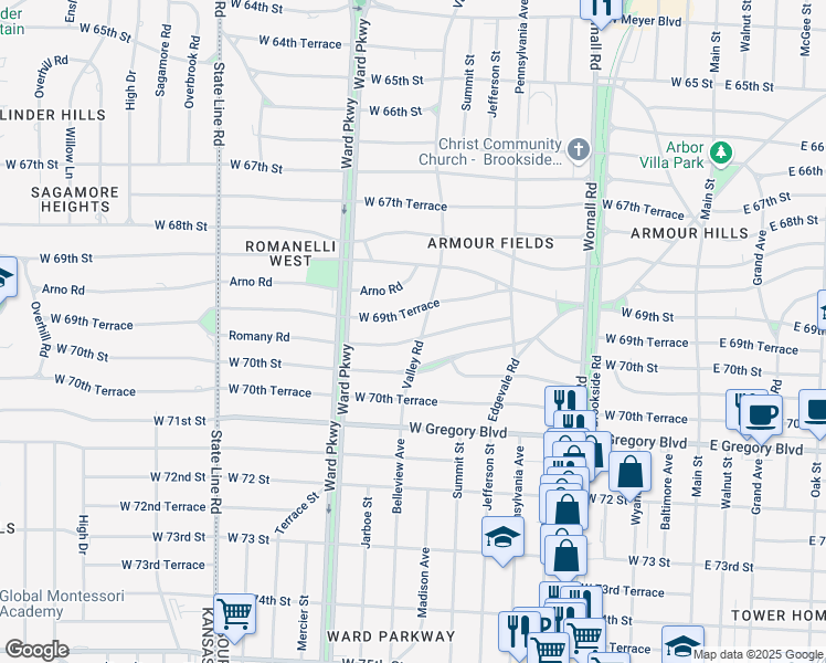 map of restaurants, bars, coffee shops, grocery stores, and more near 811 West 69th Terrace in Kansas City