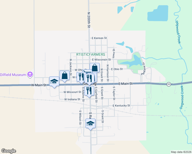 map of restaurants, bars, coffee shops, grocery stores, and more near 201 East Illinois Street in Oblong