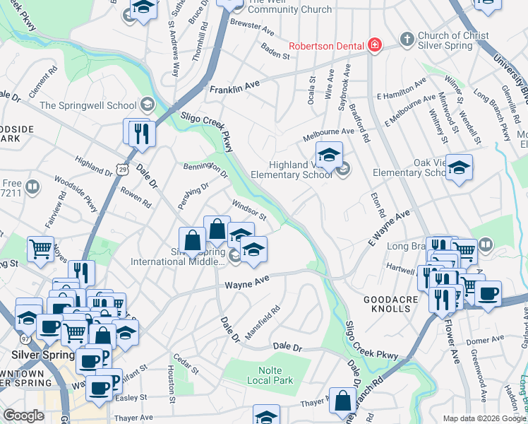 map of restaurants, bars, coffee shops, grocery stores, and more near 311 Windsor Street in Silver Spring