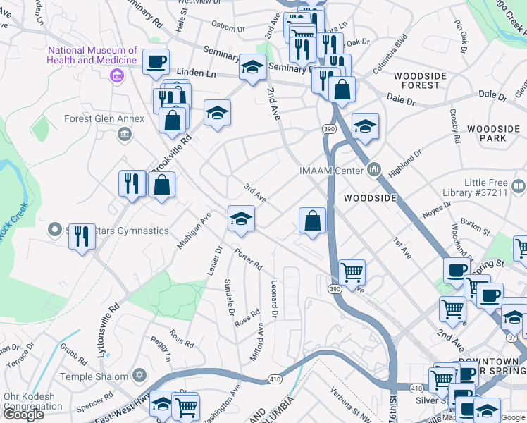 map of restaurants, bars, coffee shops, grocery stores, and more near 2104 Hanover Street in Silver Spring
