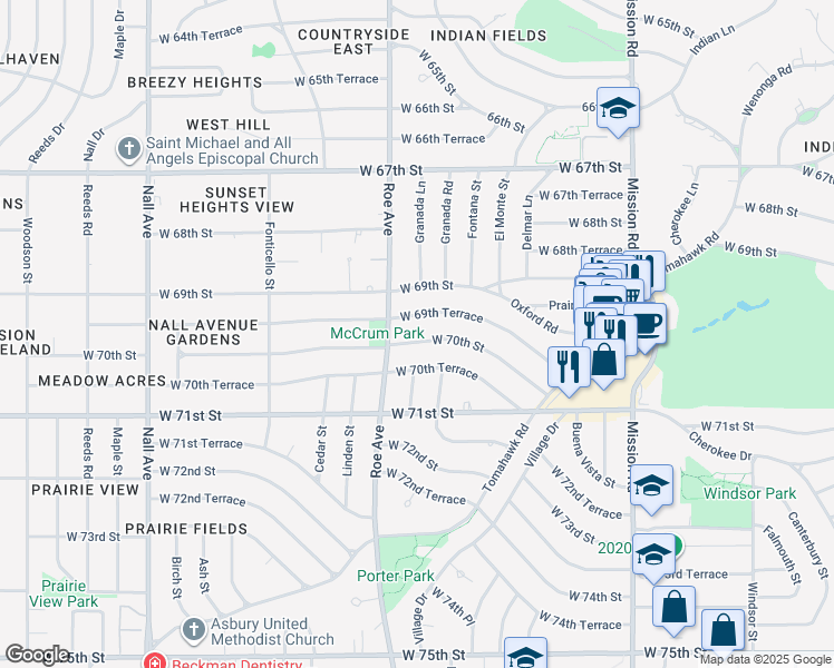 map of restaurants, bars, coffee shops, grocery stores, and more near 4606 West 70th Street in Prairie Village