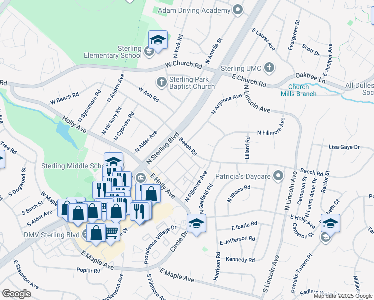 map of restaurants, bars, coffee shops, grocery stores, and more near 214 East Cornell Drive in Sterling