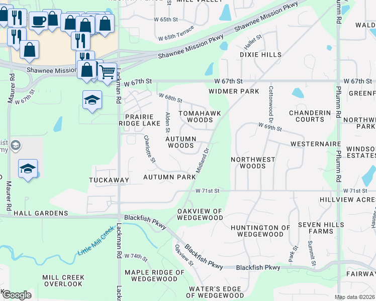 map of restaurants, bars, coffee shops, grocery stores, and more near 14503 West 69th Street in Shawnee