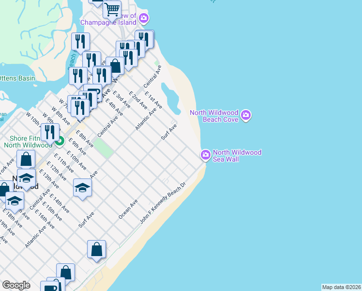 map of restaurants, bars, coffee shops, grocery stores, and more near 422 East 2nd Avenue in North Wildwood