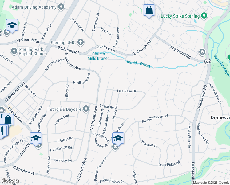 map of restaurants, bars, coffee shops, grocery stores, and more near 1800 Lisa Gaye Drive in Sterling