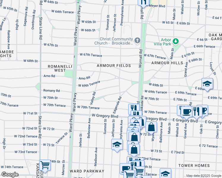 map of restaurants, bars, coffee shops, grocery stores, and more near 615 Romany Road in Kansas City