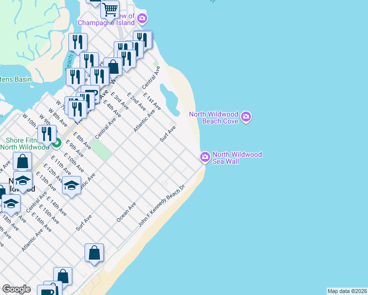 map of restaurants, bars, coffee shops, grocery stores, and more near 422 East 2nd Avenue in North Wildwood