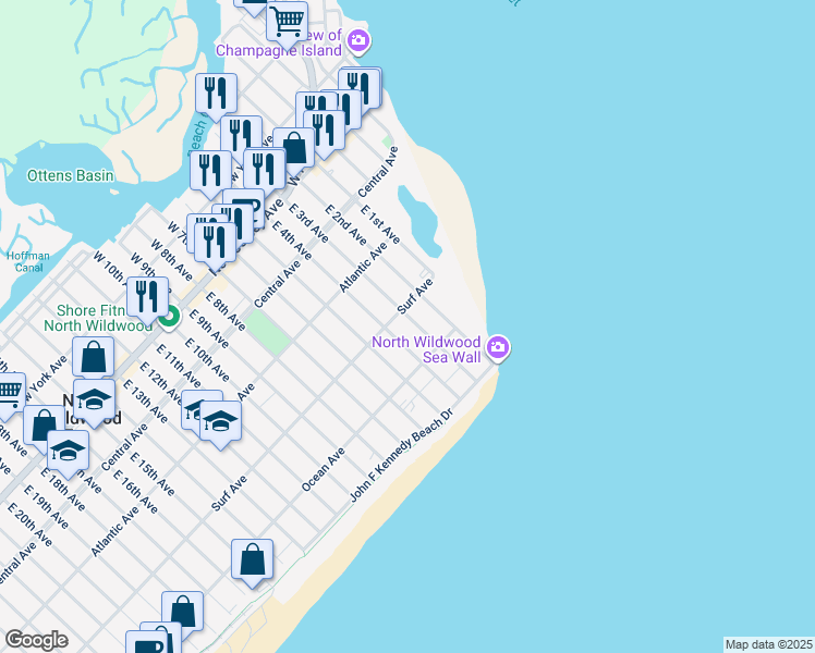 map of restaurants, bars, coffee shops, grocery stores, and more near 404 East 3rd Avenue in Wildwood