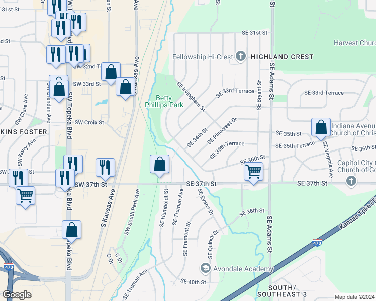 map of restaurants, bars, coffee shops, grocery stores, and more near 3450 Southeast Girard Street in Topeka