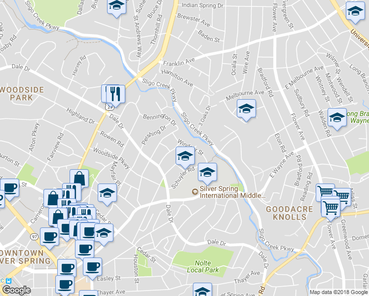 map of restaurants, bars, coffee shops, grocery stores, and more near 410 Windsor Street in Silver Spring