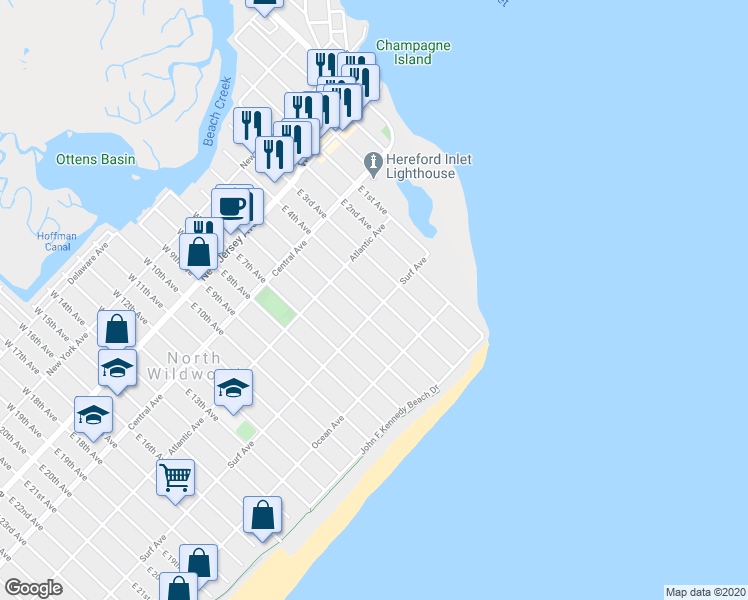map of restaurants, bars, coffee shops, grocery stores, and more near 400 Surf Avenue in North Wildwood