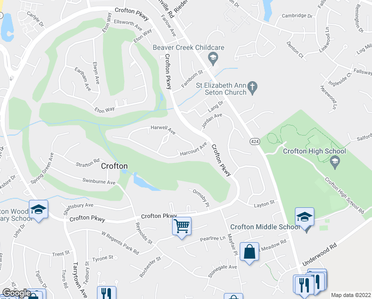map of restaurants, bars, coffee shops, grocery stores, and more near 1863 Harcourt Avenue in Crofton