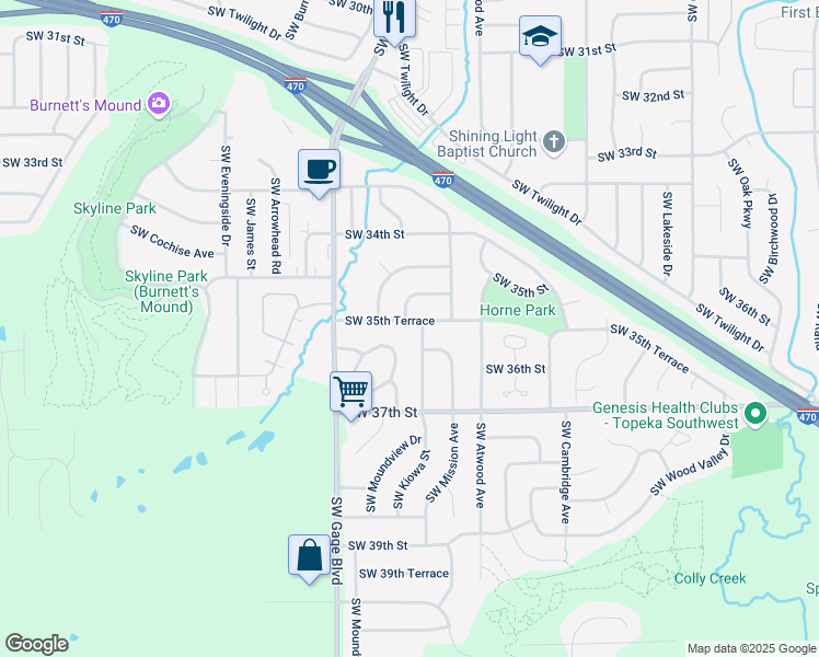 map of restaurants, bars, coffee shops, grocery stores, and more near 4031 Southwest 35th Terrace in Topeka
