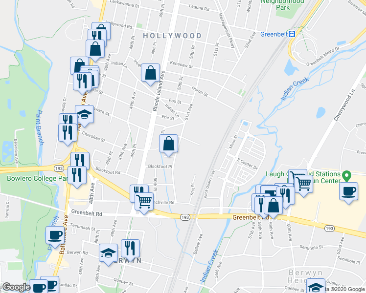 map of restaurants, bars, coffee shops, grocery stores, and more near 9209 51st Avenue in College Park