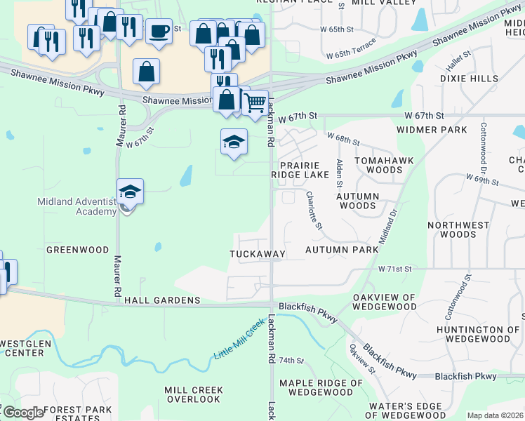 map of restaurants, bars, coffee shops, grocery stores, and more near 6920 Lackman Road in Shawnee