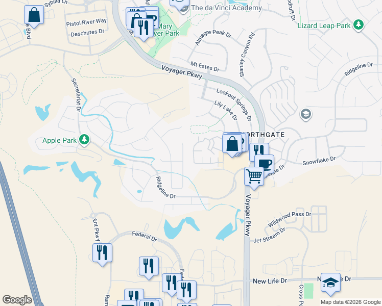 map of restaurants, bars, coffee shops, grocery stores, and more near 1344 Promontory Bluff View in Colorado Springs