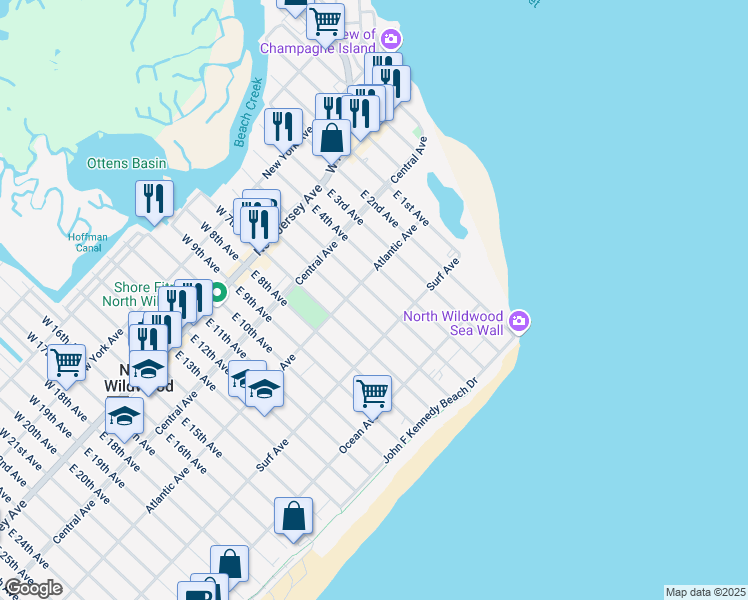 map of restaurants, bars, coffee shops, grocery stores, and more near 314 East 5th Avenue in North Wildwood