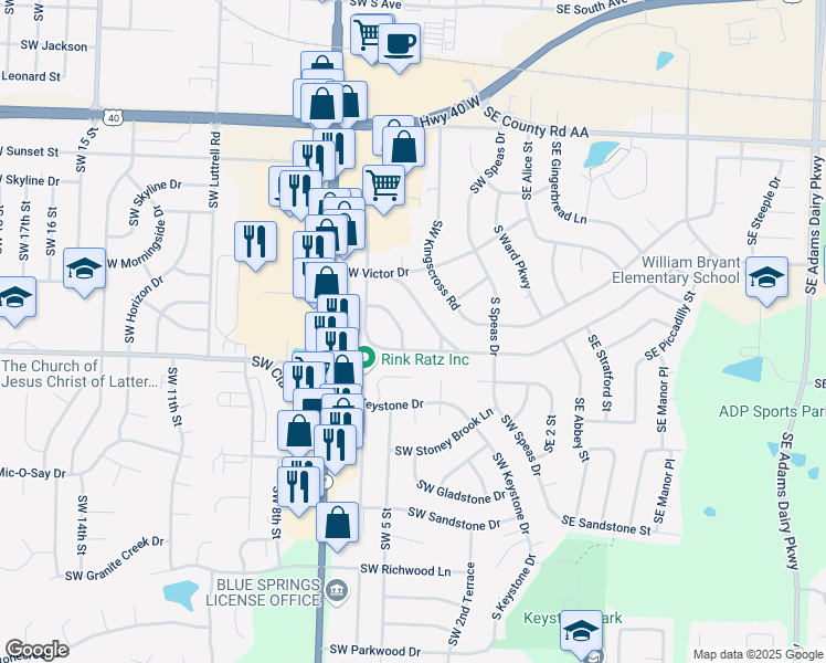 map of restaurants, bars, coffee shops, grocery stores, and more near 1405 Southwest Hamlet Drive in Blue Springs