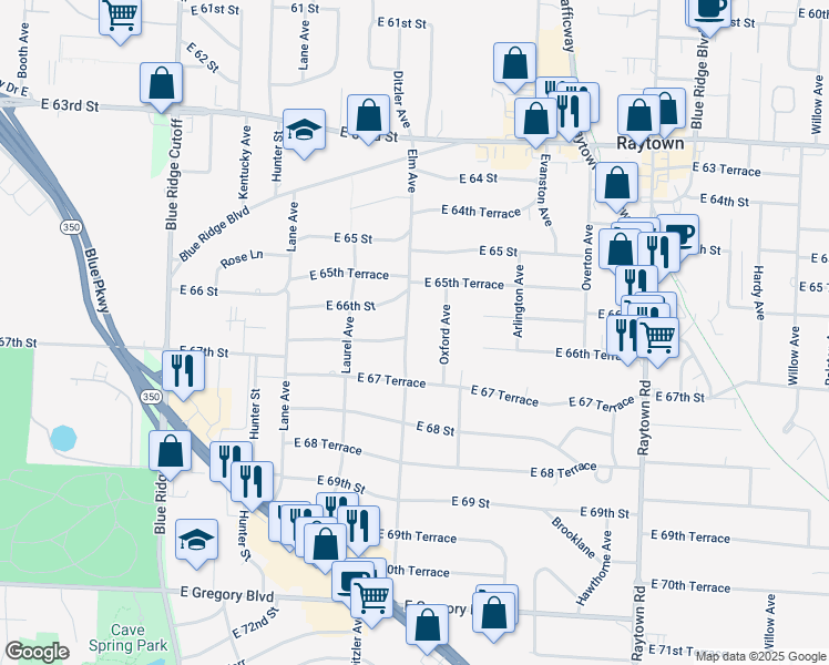 map of restaurants, bars, coffee shops, grocery stores, and more near 6618 Elm Avenue in Raytown